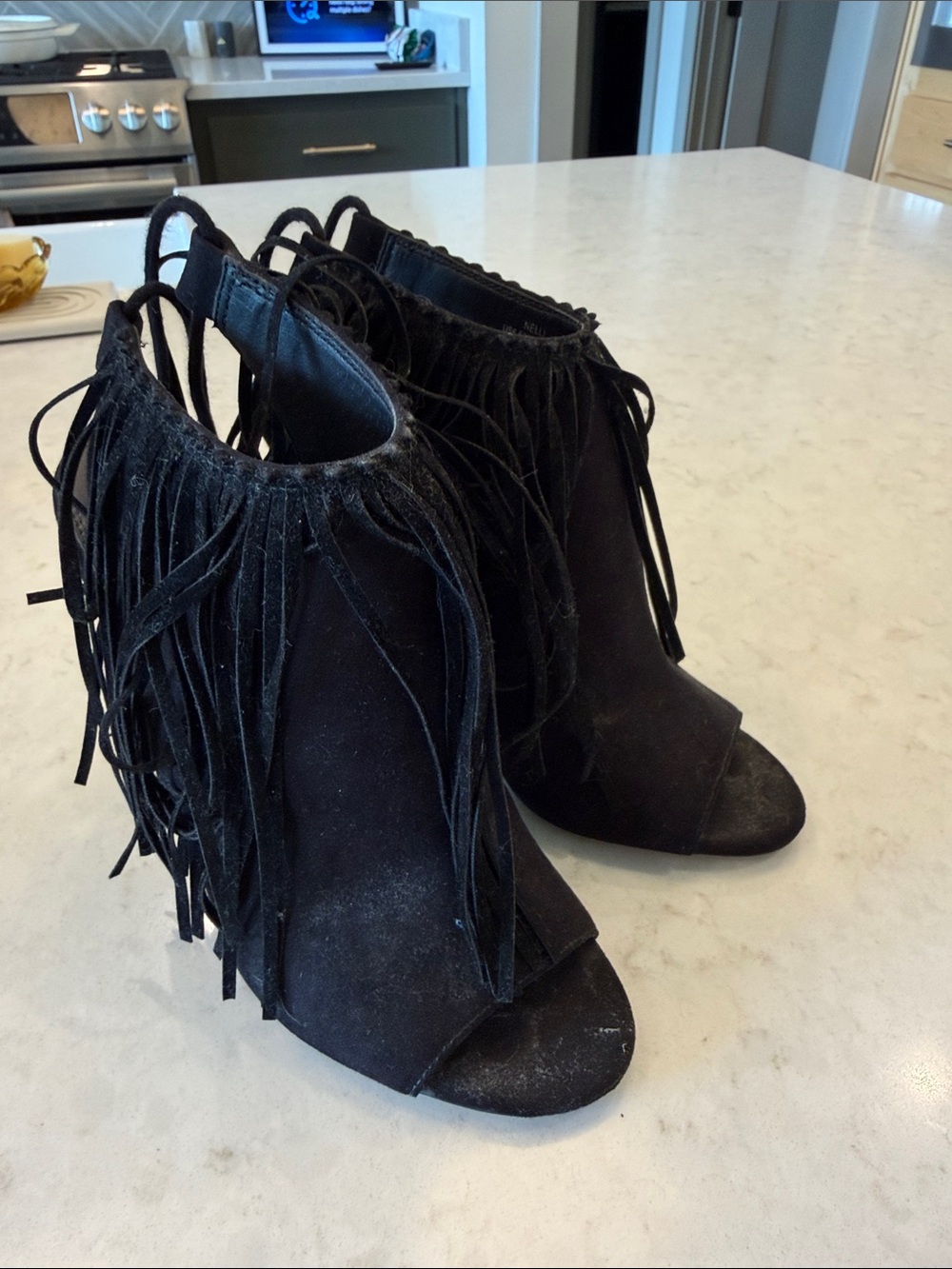 Izabella Rue Black Suede Fringe Peep-Toe Ankle Booties